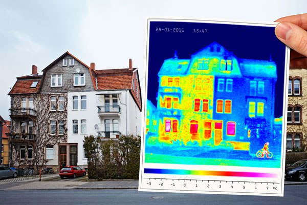 Edificio residencial con imagen termográfica que muestra la demanda energética y pérdidas de calor
